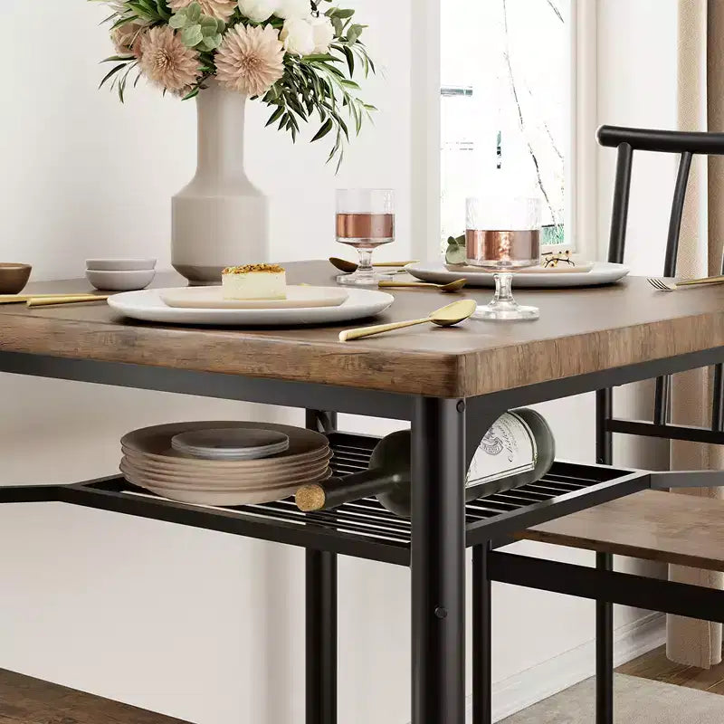 5 Piece Dining Table Set for 4 with Storage Rack, Metal and Wood Rectangular Dining Room Table Set for Kitchen, Dining Room, Dinette,Rustic Brown