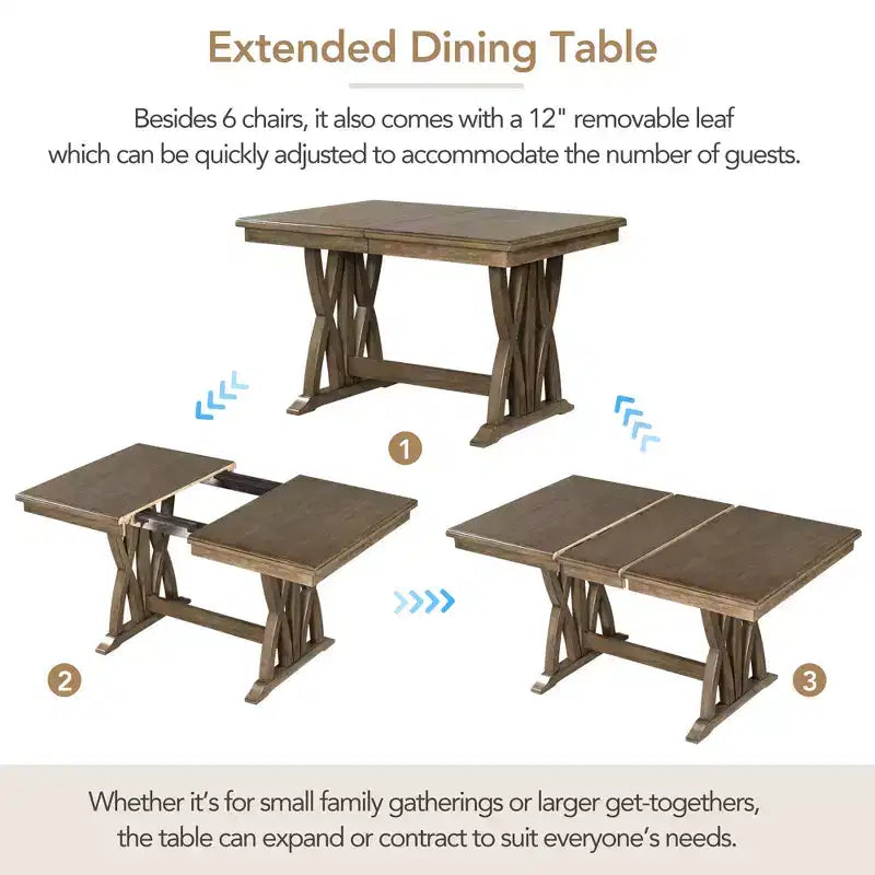 7 PCS Extendable Dining Set for 6, Dining Table Set with 6 Upholstered Dining Chairs, Mid-Century Style, Golden Brown+Gray-ModernLuxe