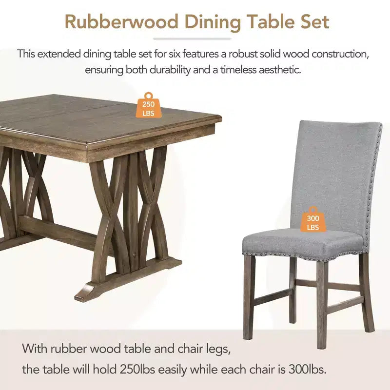 7 PCS Extendable Dining Set for 6, Dining Table Set with 6 Upholstered Dining Chairs, Mid-Century Style, Golden Brown+Gray-ModernLuxe