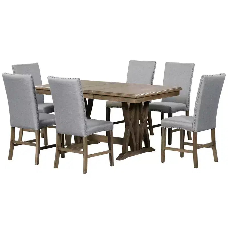 7 PCS Extendable Dining Set for 6, Dining Table Set with 6 Upholstered Dining Chairs, Mid-Century Style, Golden Brown+Gray-ModernLuxe