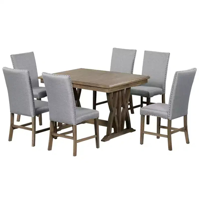 7 PCS Extendable Dining Set for 6, Dining Table Set with 6 Upholstered Dining Chairs, Mid-Century Style, Golden Brown+Gray-ModernLuxe