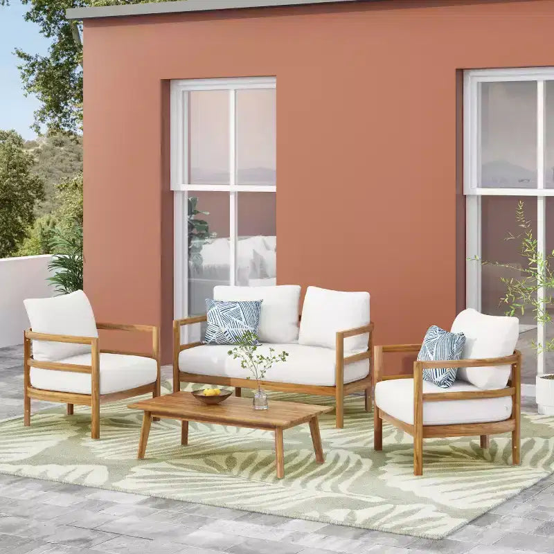 Christopher Knight Home Aggie Outdoor Acacia Wood 4 Seater Chat Set with Cushions, Teak/White