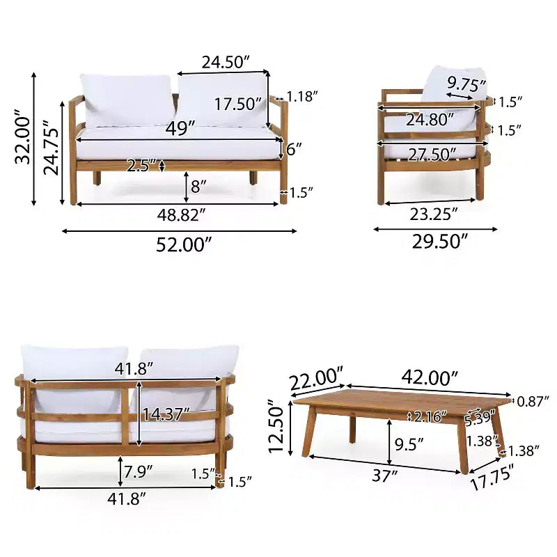 Christopher Knight Home Aggie Outdoor Acacia Wood 4 Seater Chat Set with Cushions, Teak/White