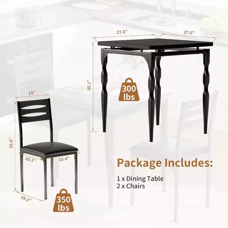 3 Piece Dining Table Set with Spiral Metal Legs, Compact Table and 2 Chairs Set for Small Spaces, Rustic Industrial Dining Set, Brown