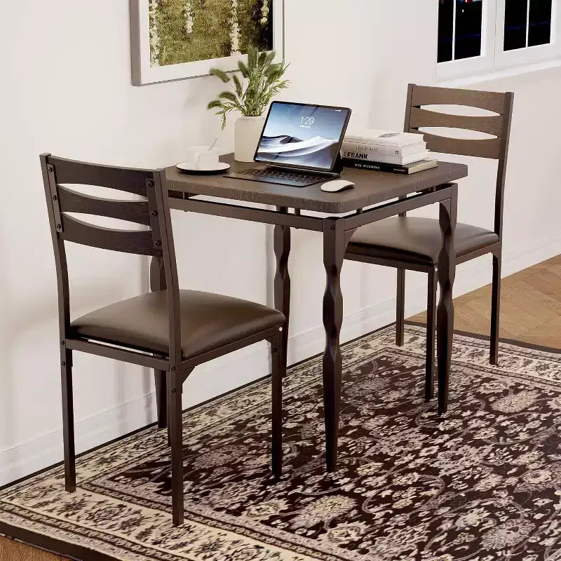 3 Piece Dining Table Set with Spiral Metal Legs, Compact Table and 2 Chairs Set for Small Spaces, Rustic Industrial Dining Set, Brown