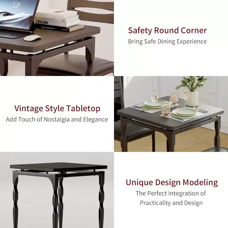 3 Piece Dining Table Set with Spiral Metal Legs, Compact Table and 2 Chairs Set for Small Spaces, Rustic Industrial Dining Set, Brown