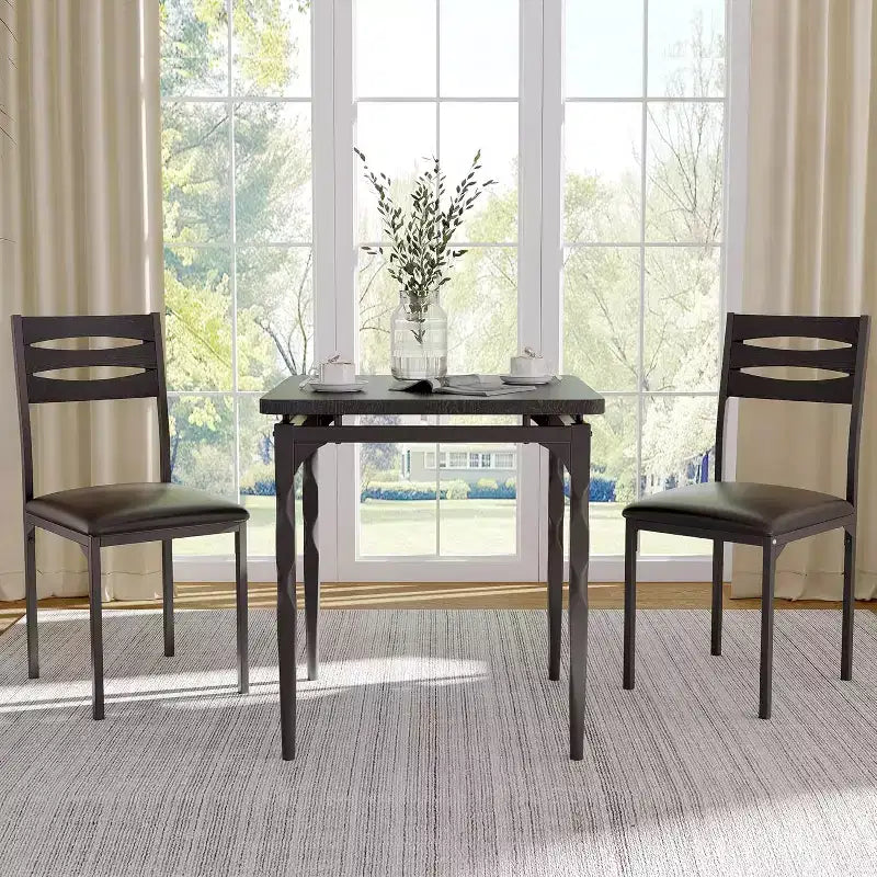 3 Piece Dining Table Set with Spiral Metal Legs, Compact Table and 2 Chairs Set for Small Spaces, Rustic Industrial Dining Set, Brown