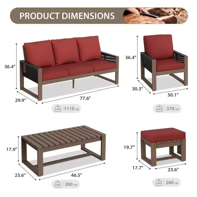 EAGLE PEAK Natural Cedar Wood Conversation Set, Outdoor Patio Furniture with 2 Ottomans and Coffee Table