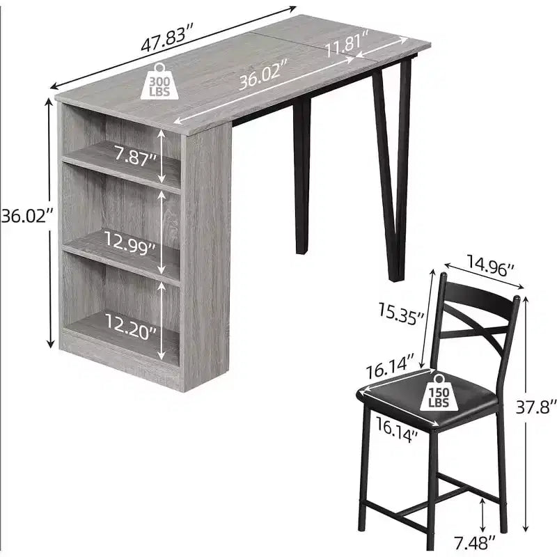 3 Piece Bar Table Set for 2, Bar Table and Chairs Set with with Flip Top Extension, Dining Table Set with Storage Shelves