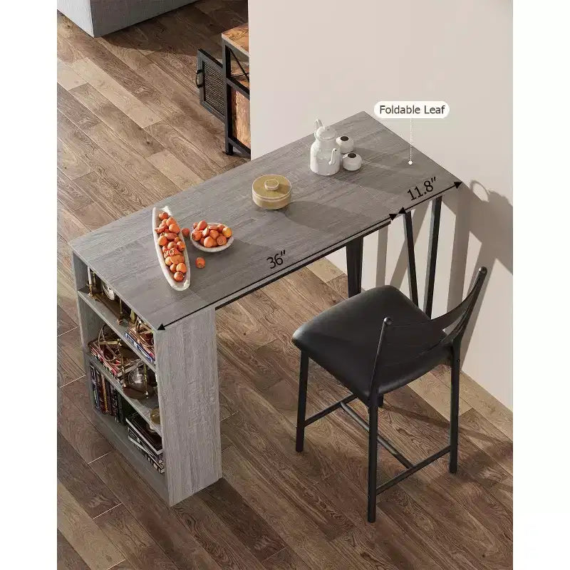 3 Piece Bar Table Set for 2, Bar Table and Chairs Set with with Flip Top Extension, Dining Table Set with Storage Shelves