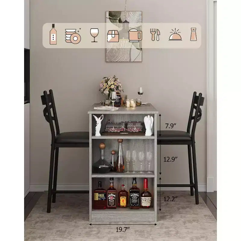 3 Piece Bar Table Set for 2, Bar Table and Chairs Set with with Flip Top Extension, Dining Table Set with Storage Shelves