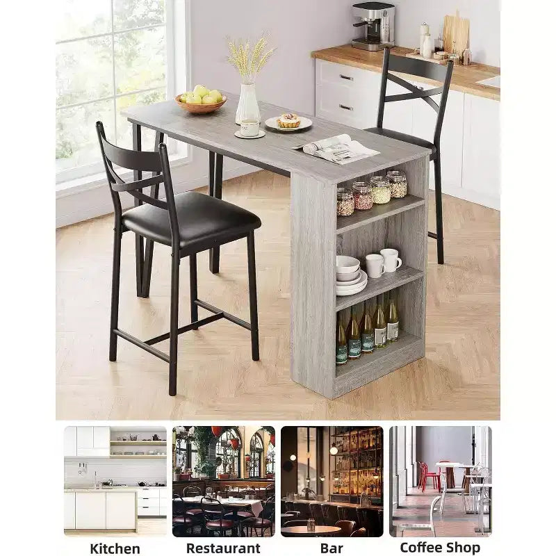 3 Piece Bar Table Set for 2, Bar Table and Chairs Set with with Flip Top Extension, Dining Table Set with Storage Shelves