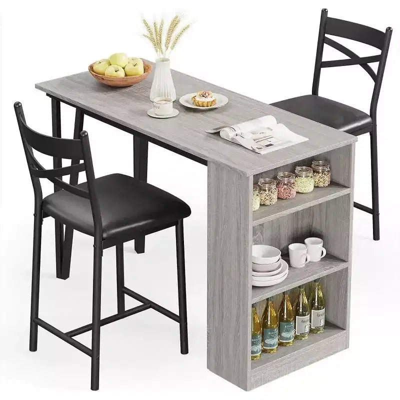 3 Piece Bar Table Set for 2, Bar Table and Chairs Set with with Flip Top Extension, Dining Table Set with Storage Shelves