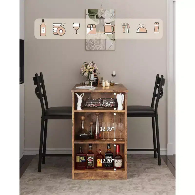3 Piece Bar Table Set for 2, Bar Table and Chairs Set with with Flip Top Extension, Dining Table Set with Storage Shelves