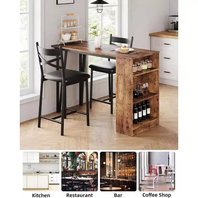 3 Piece Bar Table Set for 2, Bar Table and Chairs Set with with Flip Top Extension, Dining Table Set with Storage Shelves