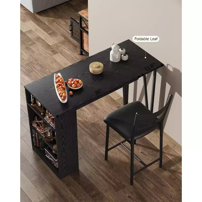 3 Piece Bar Table Set for 2, Bar Table and Chairs Set with with Flip Top Extension, Dining Table Set with Storage Shelves