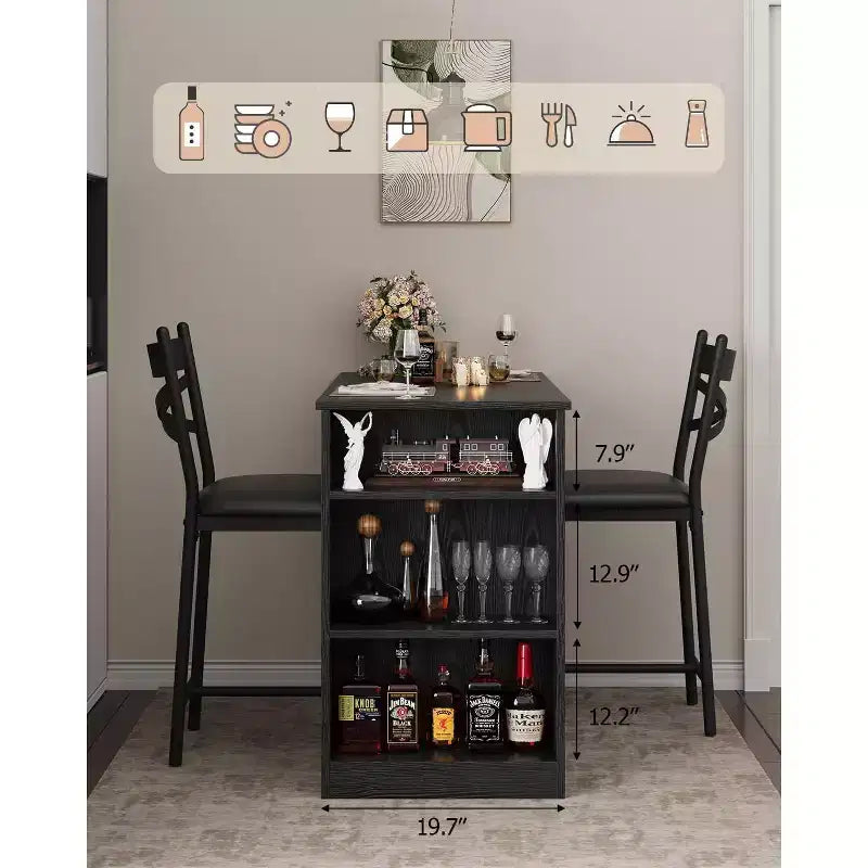 3 Piece Bar Table Set for 2, Bar Table and Chairs Set with with Flip Top Extension, Dining Table Set with Storage Shelves