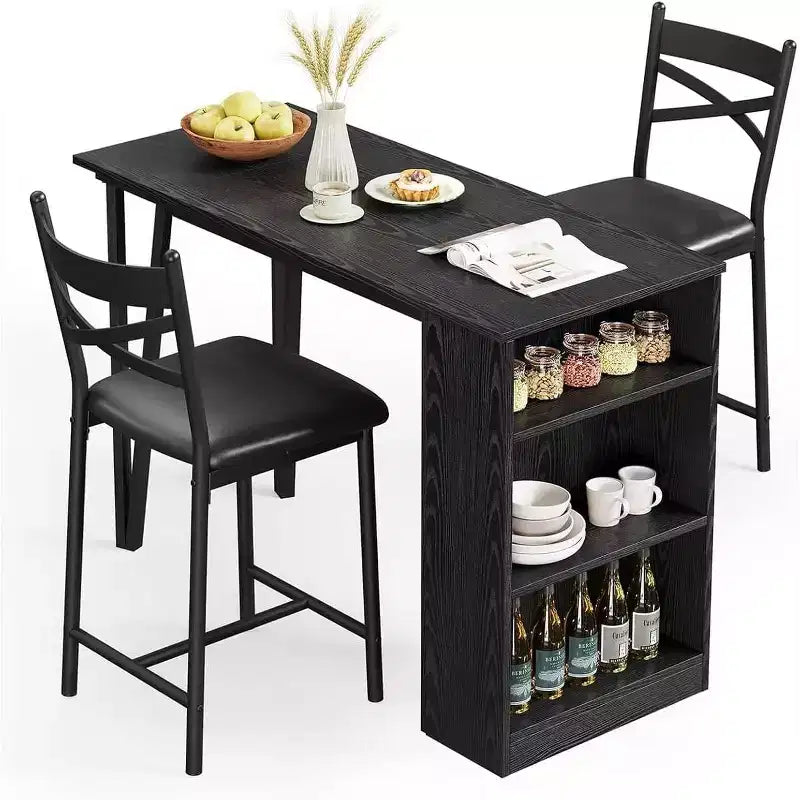 3 Piece Bar Table Set for 2, Bar Table and Chairs Set with with Flip Top Extension, Dining Table Set with Storage Shelves