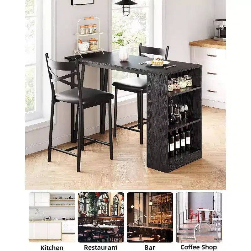 3 Piece Bar Table Set for 2, Bar Table and Chairs Set with with Flip Top Extension, Dining Table Set with Storage Shelves