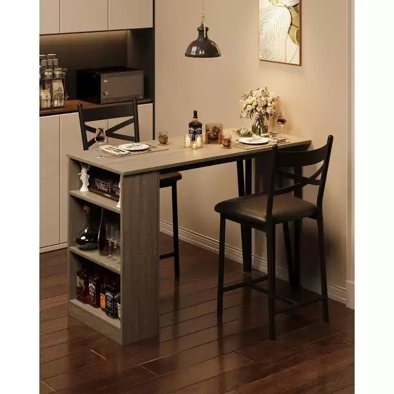 3 Piece Bar Table Set for 2, Bar Table and Chairs Set with with Flip Top Extension, Dining Table Set with Storage Shelves