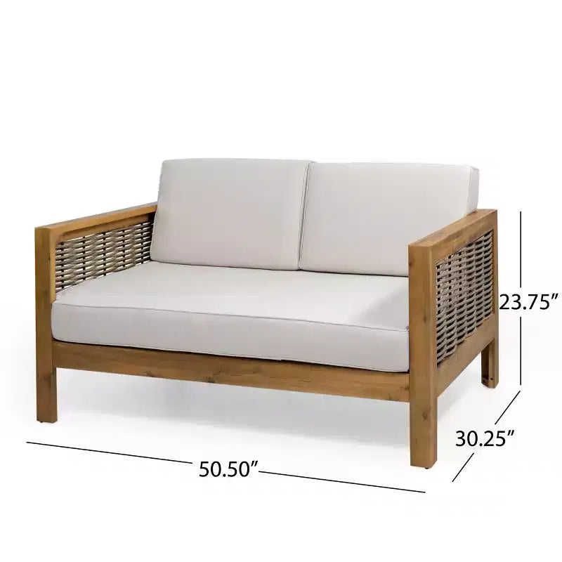 GDFStudio Allegra Outdoor Acacia Wood and Wicker Loveseat and Coffee Table Set with Cushions