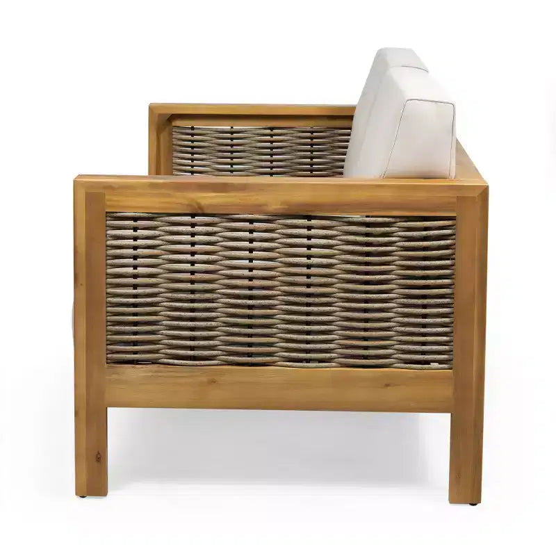 GDFStudio Allegra Outdoor Acacia Wood and Wicker Loveseat and Coffee Table Set with Cushions