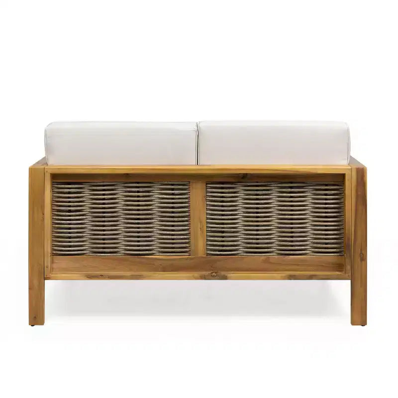 GDFStudio Allegra Outdoor Acacia Wood and Wicker Loveseat and Coffee Table Set with Cushions