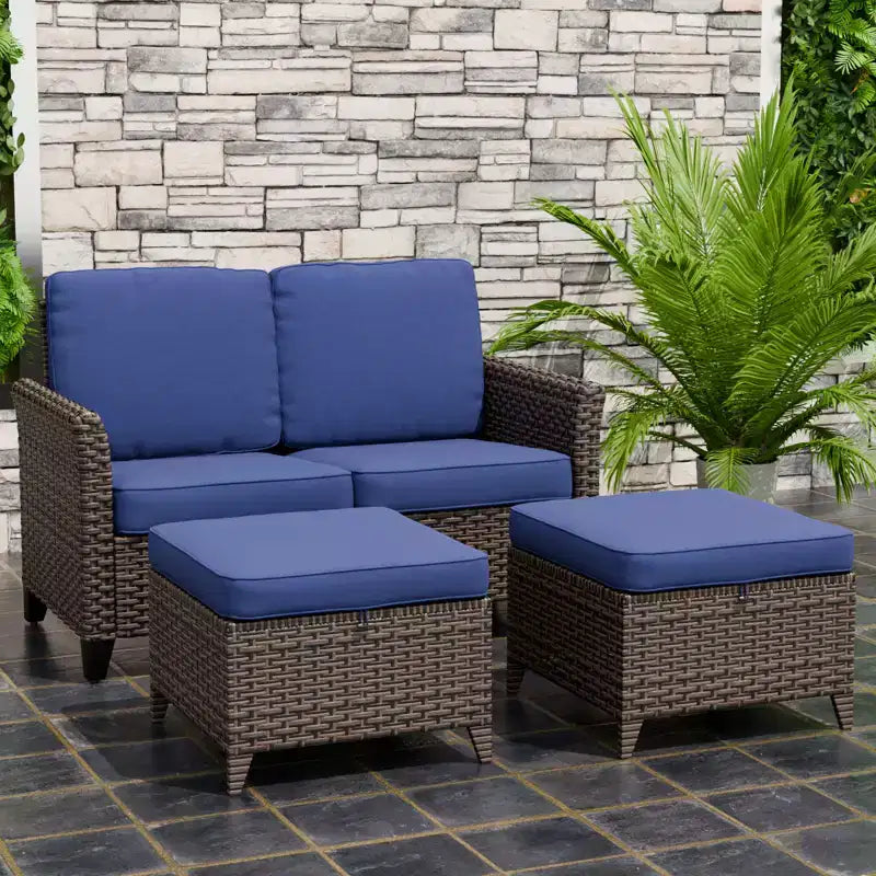 EAGLE PEAK Ocean Vista 3 piece Outdoor Wicker Loveseat Sofa, Variated Wicker Conversation Loveseat Set with Ottoman