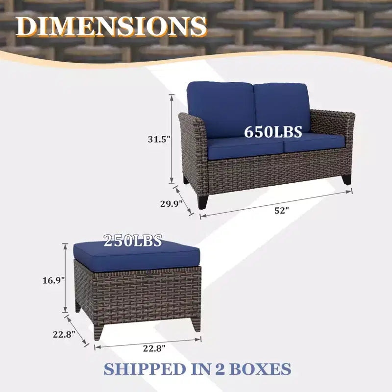 EAGLE PEAK Ocean Vista 3 piece Outdoor Wicker Loveseat Sofa, Variated Wicker Conversation Loveseat Set with Ottoman