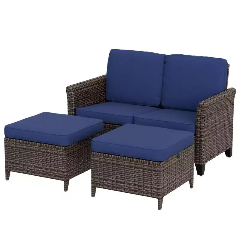 EAGLE PEAK Ocean Vista 3 piece Outdoor Wicker Loveseat Sofa, Variated Wicker Conversation Loveseat Set with Ottoman