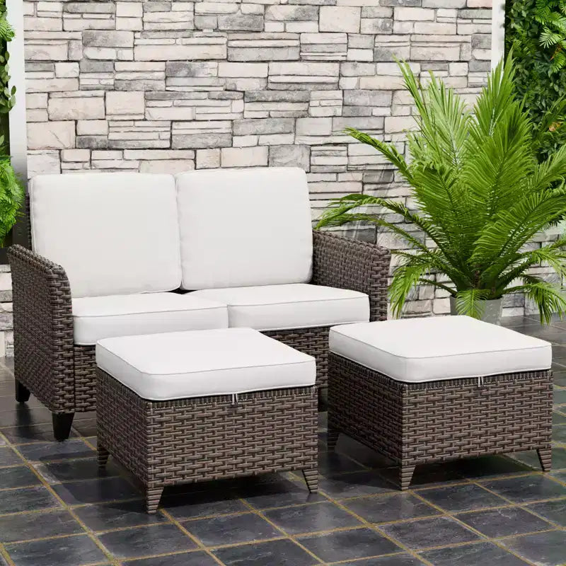 EAGLE PEAK Ocean Vista 3 piece Outdoor Wicker Loveseat Sofa, Variated Wicker Conversation Loveseat Set with Ottoman