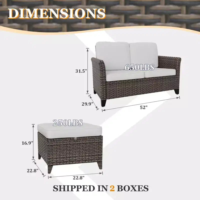 EAGLE PEAK Ocean Vista 3 piece Outdoor Wicker Loveseat Sofa, Variated Wicker Conversation Loveseat Set with Ottoman