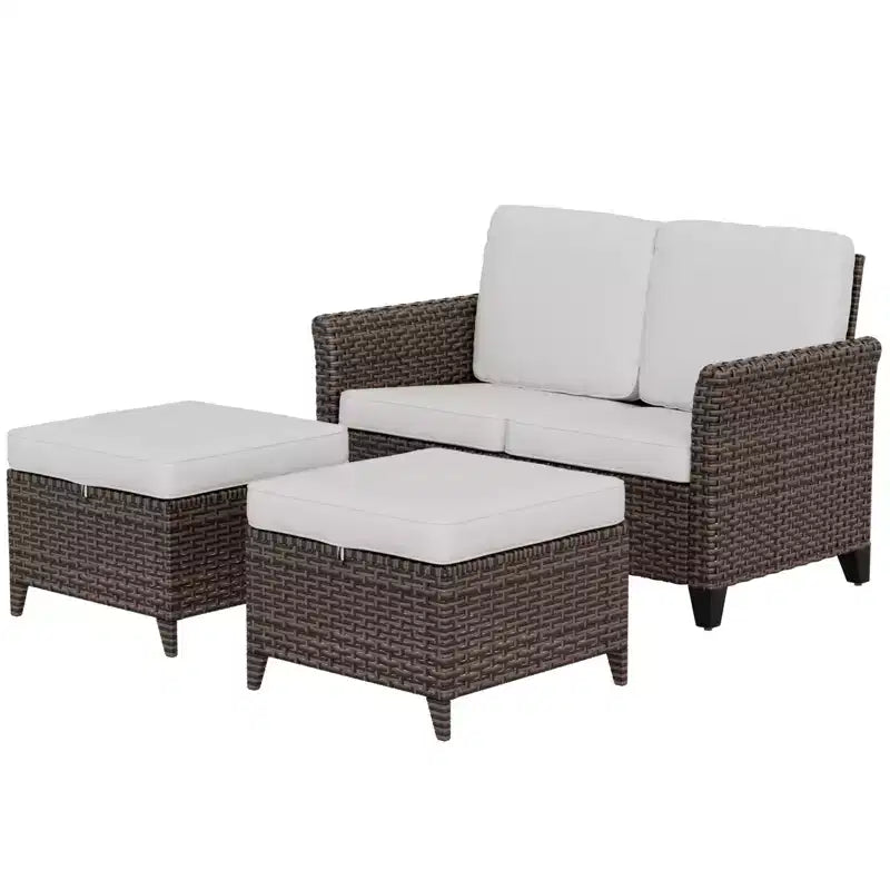 EAGLE PEAK Ocean Vista 3 piece Outdoor Wicker Loveseat Sofa, Variated Wicker Conversation Loveseat Set with Ottoman