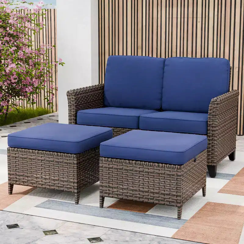 EAGLE PEAK Ocean Vista 3 piece Outdoor Wicker Loveseat Sofa, Variated Wicker Conversation Loveseat Set with Ottoman