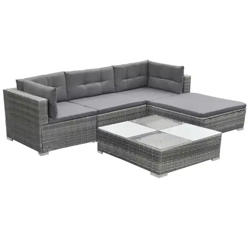 vidaXL 5-Piece Outdoor Patio Lounge Set - Poly Rattan, Gray, with Cushions, Removable Covers and Tea Table - Perfect for Poolside, Garden, Backyard
