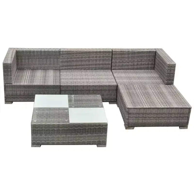 vidaXL 5-Piece Outdoor Patio Lounge Set - Poly Rattan, Gray, with Cushions, Removable Covers and Tea Table - Perfect for Poolside, Garden, Backyard