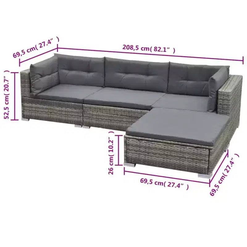 vidaXL 5-Piece Outdoor Patio Lounge Set - Poly Rattan, Gray, with Cushions, Removable Covers and Tea Table - Perfect for Poolside, Garden, Backyard