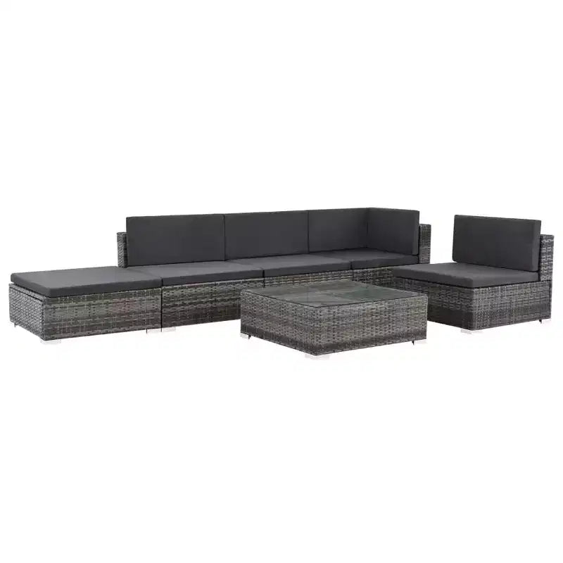 vidaXL Patio Lounge Set - 6-Piece Poly Rattan Gray Sectional Sofa Set with Coffee Table and Ottoman - Comfortable Outdoor Seating with Cushions