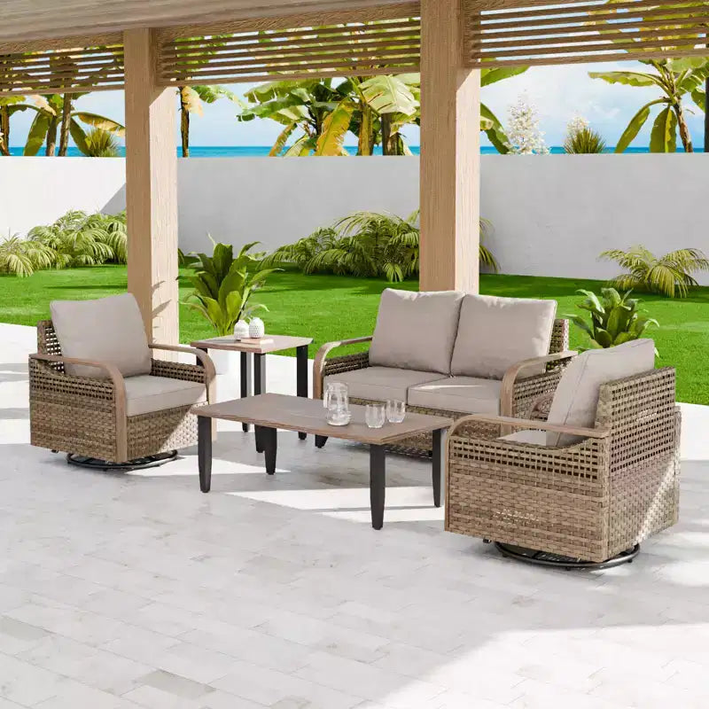 EAGLE PEAK Wicker Outdoor Patio Conversation Set, 2 Swivel Rocking Chairs, 2-Seat Loveseat, Coffee Table and Side Table, 5 Pieces