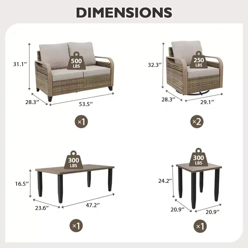 EAGLE PEAK Wicker Outdoor Patio Conversation Set, 2 Swivel Rocking Chairs, 2-Seat Loveseat, Coffee Table and Side Table, 5 Pieces