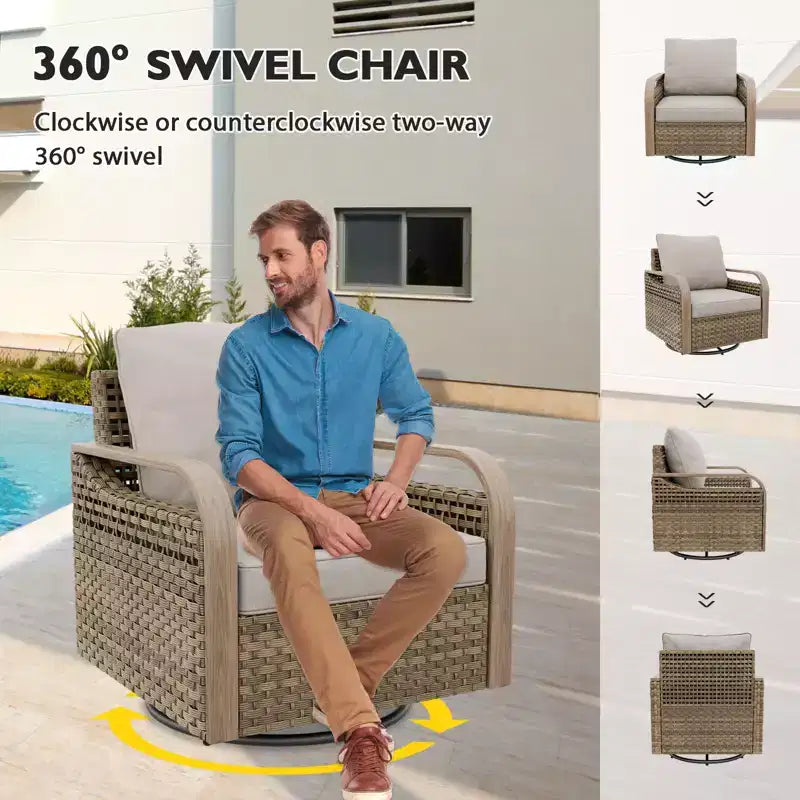 EAGLE PEAK Wicker Outdoor Patio Conversation Set, 2 Swivel Rocking Chairs, 2-Seat Loveseat, Coffee Table and Side Table, 5 Pieces