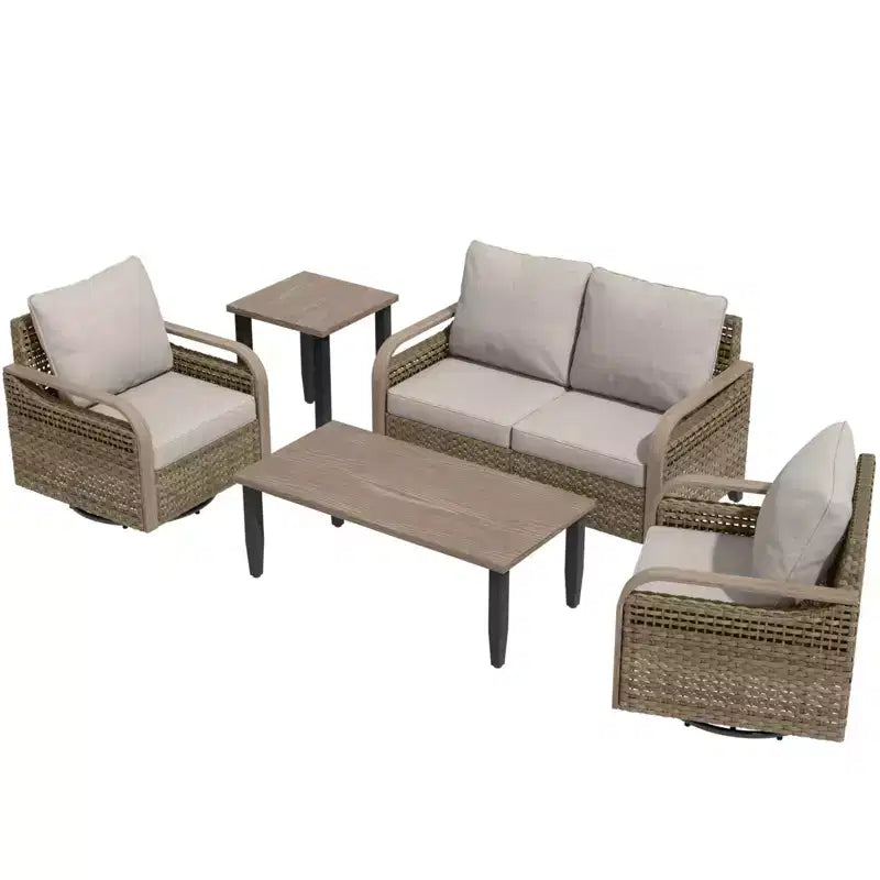 EAGLE PEAK Wicker Outdoor Patio Conversation Set, 2 Swivel Rocking Chairs, 2-Seat Loveseat, Coffee Table and Side Table, 5 Pieces