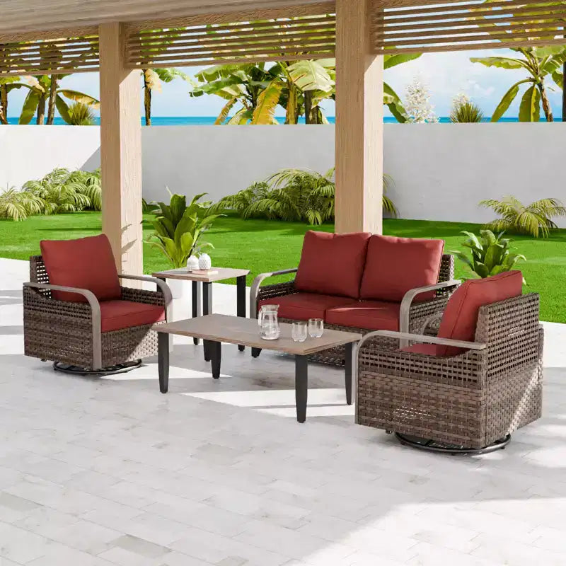 EAGLE PEAK Wicker Outdoor Patio Conversation Set, 2 Swivel Rocking Chairs, 2-Seat Loveseat, Coffee Table and Side Table, 5 Pieces