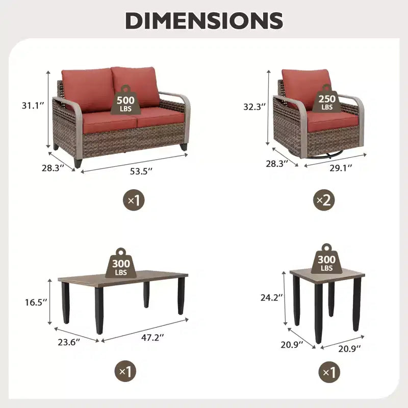 EAGLE PEAK Wicker Outdoor Patio Conversation Set, 2 Swivel Rocking Chairs, 2-Seat Loveseat, Coffee Table and Side Table, 5 Pieces