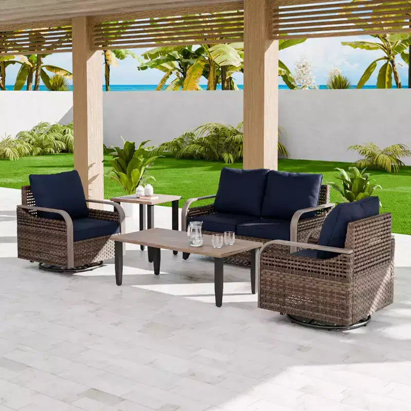 EAGLE PEAK Wicker Outdoor Patio Conversation Set, 2 Swivel Rocking Chairs, 2-Seat Loveseat, Coffee Table and Side Table, 5 Pieces