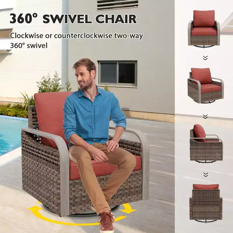 EAGLE PEAK Wicker Outdoor Patio Conversation Set, 2 Swivel Rocking Chairs, 2-Seat Loveseat, Coffee Table and Side Table, 5 Pieces