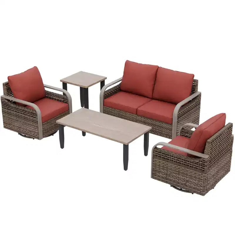 EAGLE PEAK Wicker Outdoor Patio Conversation Set, 2 Swivel Rocking Chairs, 2-Seat Loveseat, Coffee Table and Side Table, 5 Pieces