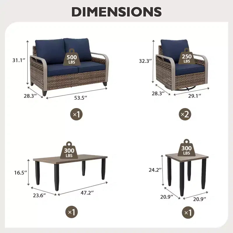 EAGLE PEAK Wicker Outdoor Patio Conversation Set, 2 Swivel Rocking Chairs, 2-Seat Loveseat, Coffee Table and Side Table, 5 Pieces