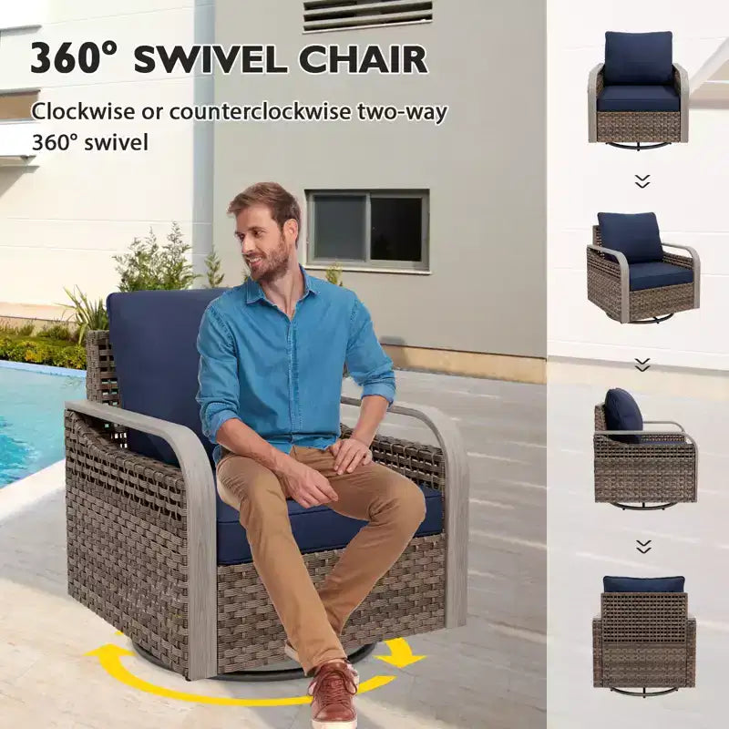 EAGLE PEAK Wicker Outdoor Patio Conversation Set, 2 Swivel Rocking Chairs, 2-Seat Loveseat, Coffee Table and Side Table, 5 Pieces