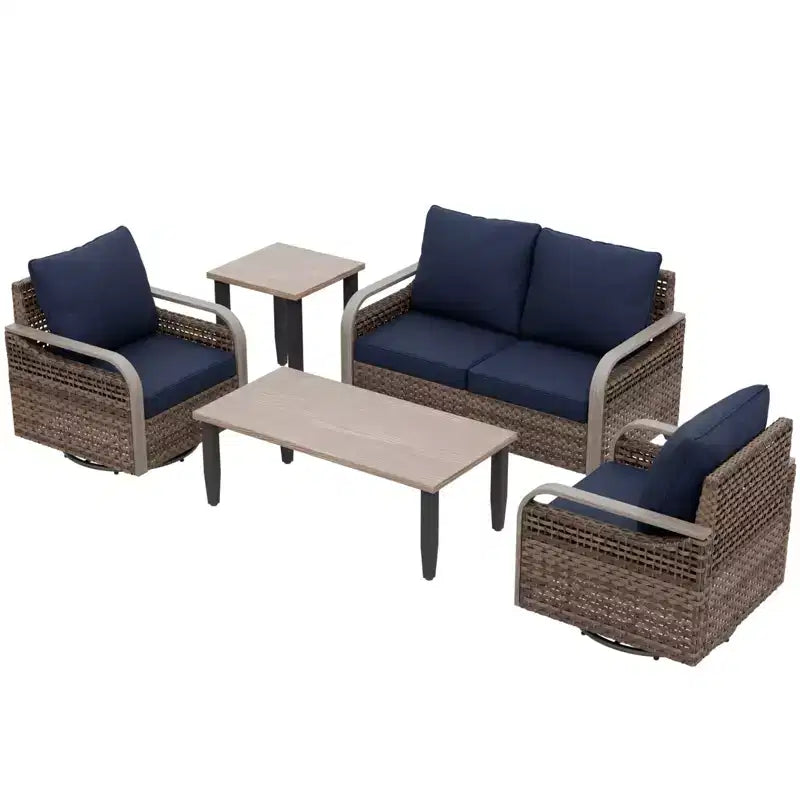 EAGLE PEAK Wicker Outdoor Patio Conversation Set, 2 Swivel Rocking Chairs, 2-Seat Loveseat, Coffee Table and Side Table, 5 Pieces